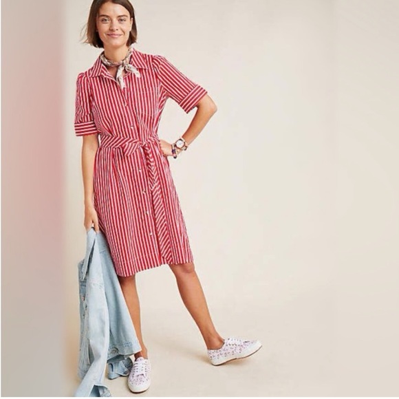 Anthropologie Maeve Retro Red and White Stripe Cotton Belted Shirt Dress - Picture 2 of 5